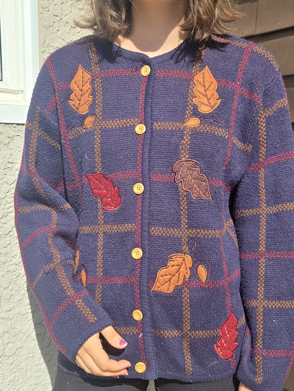 Women's Vintage 90s Grandma Core Plaid Fall Embroidered Button Front Sweater